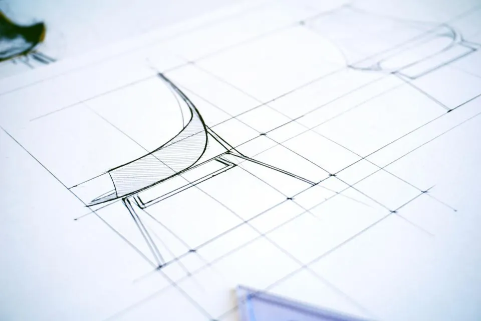 Boceto y planos sobre una mesa de trabajo